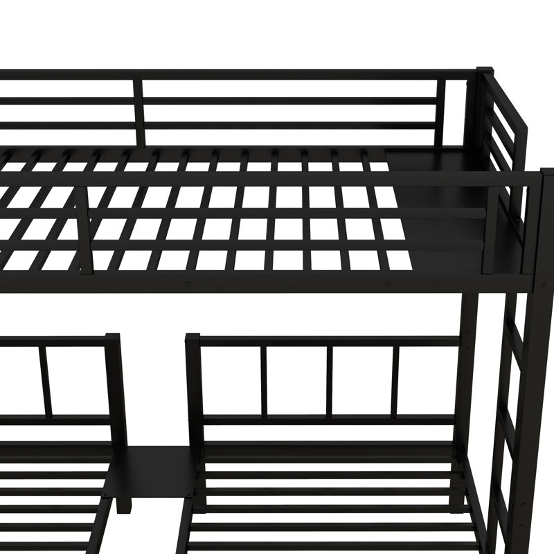 Twin Over & Xl Metal Triple Bunk Bed, Black, Detachable With Guardrails, Exchange , Shelf On Upper Construction, Easy Assembly For 3 Twin/Twin/Twin, Detachable, Shelf, Ideal Sibling Sharing