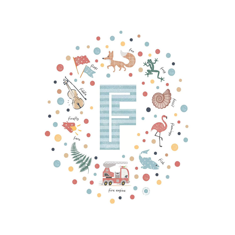 Lettre illustrée F bleue - impression, H 37 po x l 37 po x P 1,5 po, Toile tendue, Pas de tapis