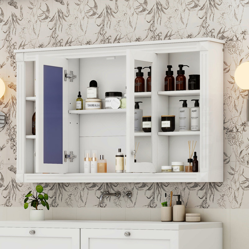 Armoire de salle de bain avec miroir, rangement, tablette réglable et tablettes ouvertes, fixation murale pour salle de bain, chambre à coucher, meuble-lavabo