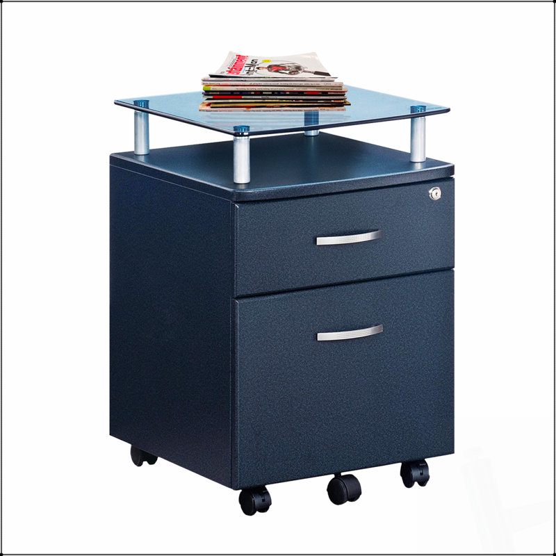 Classeur roulant avec plateau en verre, parfait pour le rangement organisé et la décoration de bureau moderne.