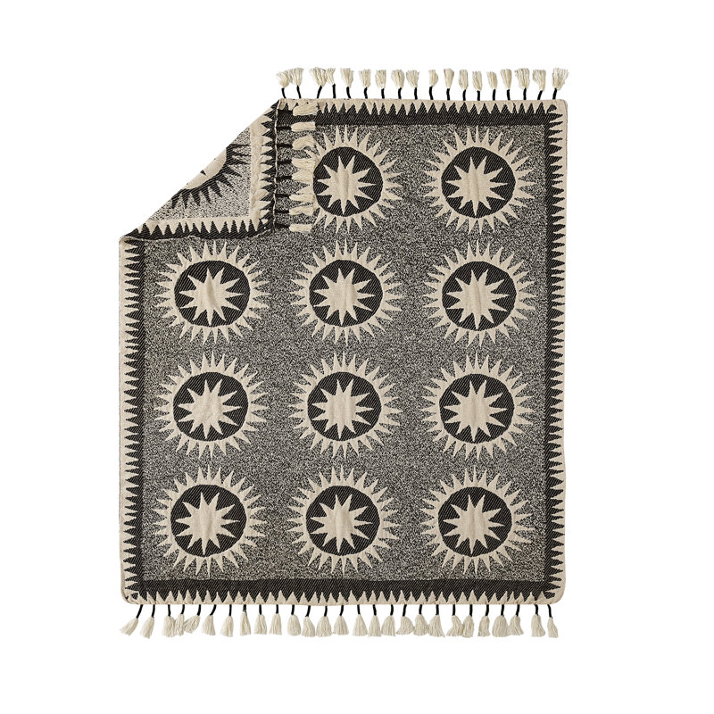 Soleil Cream and Black Polyester Acrylic Throw Blanket with Tassels