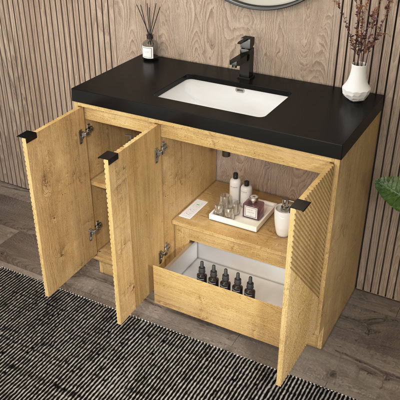Monterey 41.7" Freestanding Bathroom Vanity + Reinforced Black Acrylic Sink (Right Side Doors), Oak
