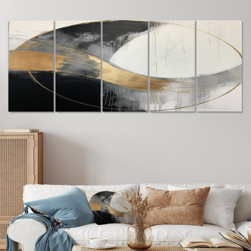 Full Moon Time Balance II - Art mural abstrait 5 pièces, H 32 po x l 80 po