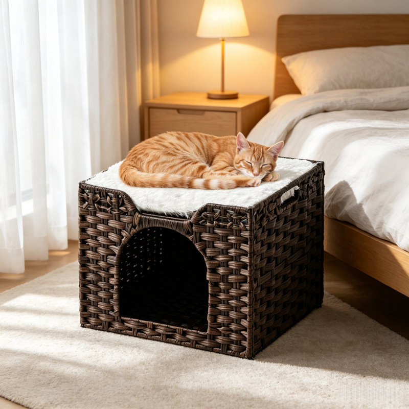 Maison de chat en osier brun foncé, maison de chat en rotin tissée à la main avec conception pliable, cachette intérieure pour chats et petits chiens