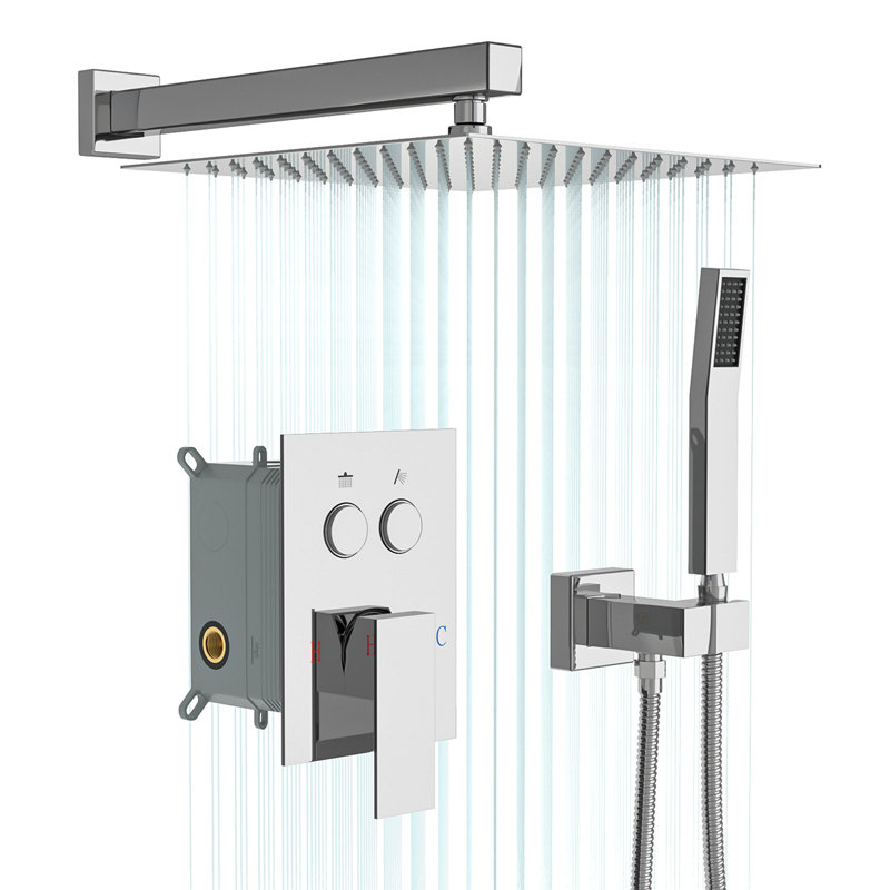 Pomme de douche double - Système de douche carré mural de 10 pouces avec valve brute, Chrome