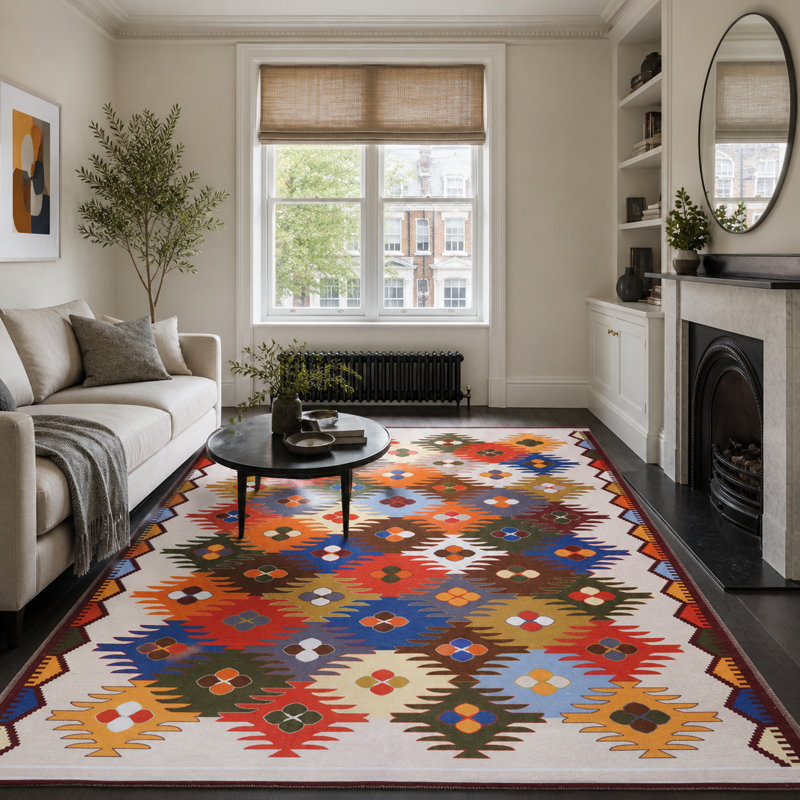 Oriental Cotton and Chenille Flatweave Area Rug, 200 cm round