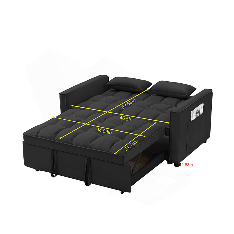 Modern 55" 3-in-1 couch folding sofa bed with two lumbar pillows for living room and office, Black Velvet