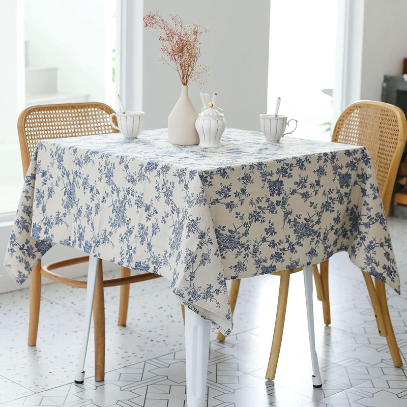 Pastoral Square Tablecloth 52 X 52 Inch Linen Fabric Table Cloth  (Dark Blue)