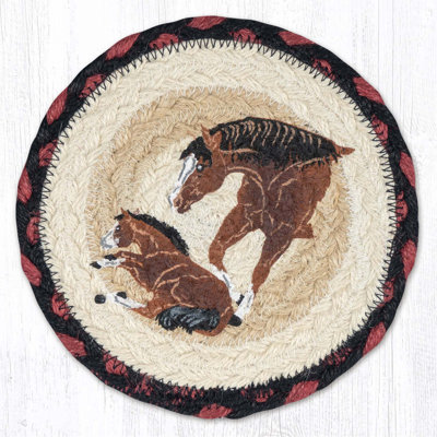 Mom and Pony Round Large Coaster 7" H Braided Jute Horse Print Coaster