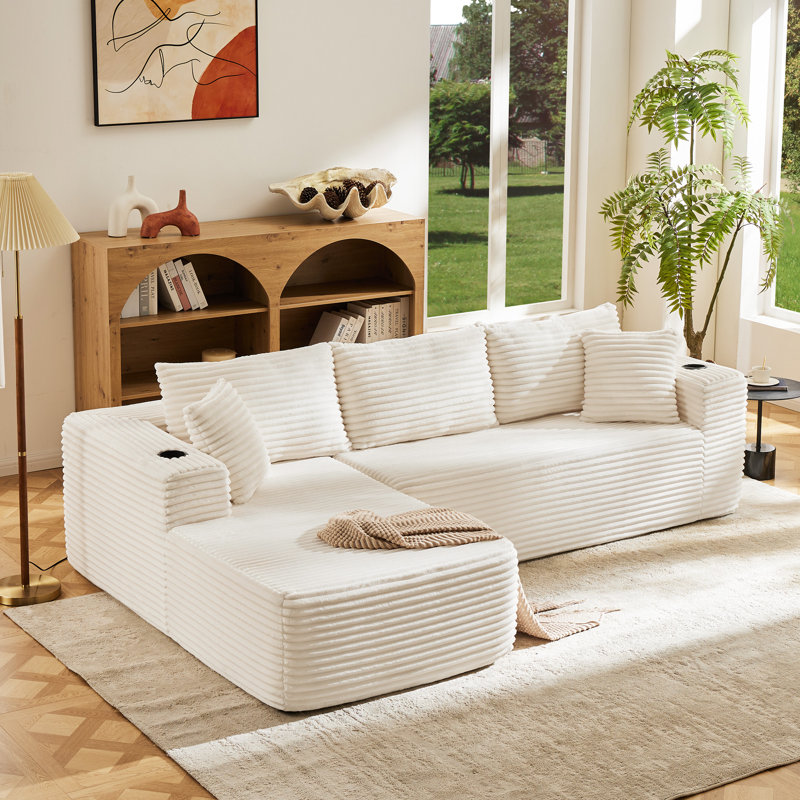 Boneless 104.7" L-Shaped Modular Sectional Sofa, 2-Piece Plush Corduroy Couch Free Combination With Chaise & Cup Holders