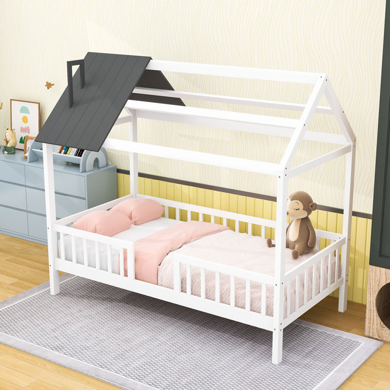 Twin Size Wood House Bed With Fence, White/Gray