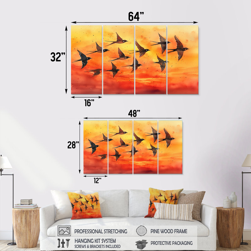 Swallows Birds At Sunset II - Art mural sur toile - Art mural moderne sur toile, H 28 po x l 48 po