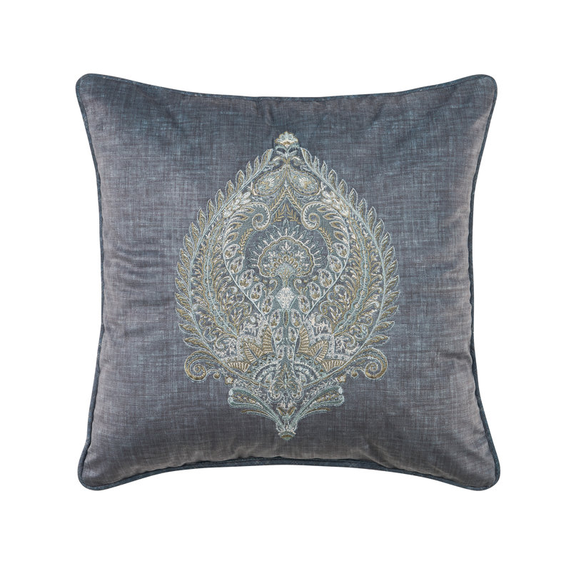 DESTINY 18" SQUARE EMBELLISHED DECORATIVE THROW PILLOW, Blue Damask 3, Square 18"