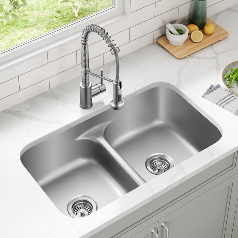 KRAUS Premier 32-in L 18 Gauge Undermount 50/50 Double Bowl Stainless Steel Kitchen Sink and Commercial Style Pull Down Faucet in Spot-Free Stainless Steel