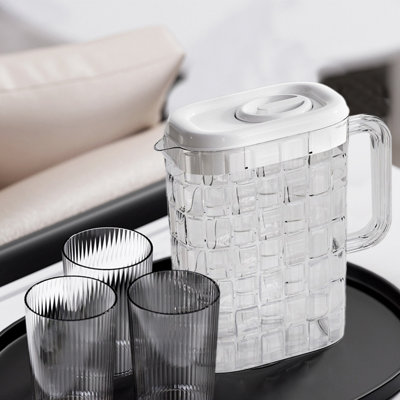 Water Bottle Plastic Beverage Drink Pitcher Transparent Bottle Water Ice Cold Jug With Lid And Handle Ribbed For Bar Home Without Cup Without Cup 2000ml