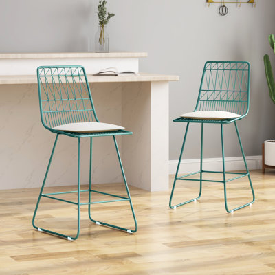 Tabourets de comptoir modernes en fer 2 avec coussins beiges et repose-pieds