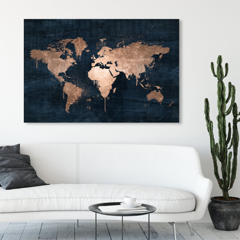 «Mapamundi Copper», impression sur toile tendue, H 16 po x l 24 po x 1,5 po, Cadre doré