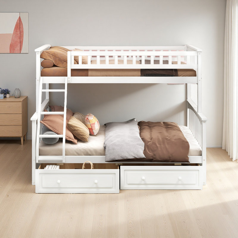 Lit simple superposé au dessus d'un lit double avec tiroirs, lits convertibles, Blanc