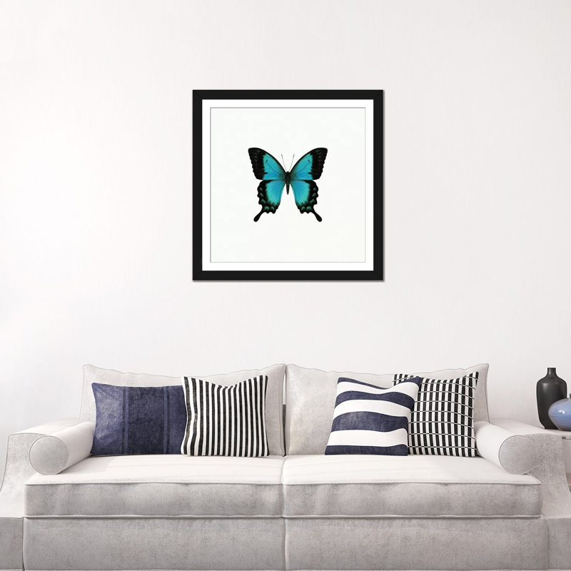 « blue papillon », impression sur toile tendue, H 24 po x l 24 po x P 1 po, Papier d'art encadré noir, Blanc