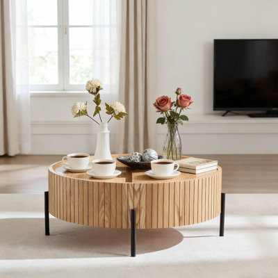 31.49" Round Coffee Table, Natural Wood Grain MDF Rotating Top For Living Room Apartment Nook