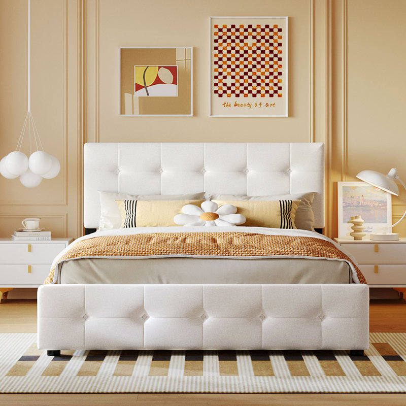 Lit plateforme tapissier avec tête de lit classique et 4 tiroirs, aucun sommier nécessaire, tissu en lin, grand lit blanc