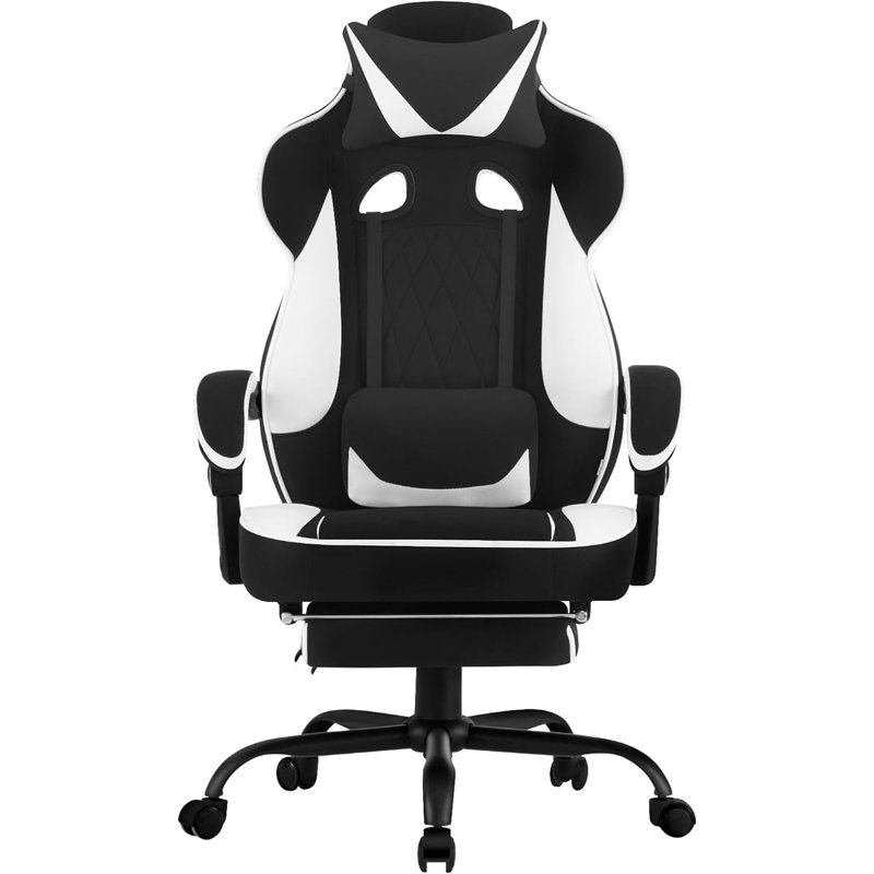 Inbox Zero Adjustable Reclining Ergonomic Swiveling PC & Racing Game Chair with Footrest, White/Black
