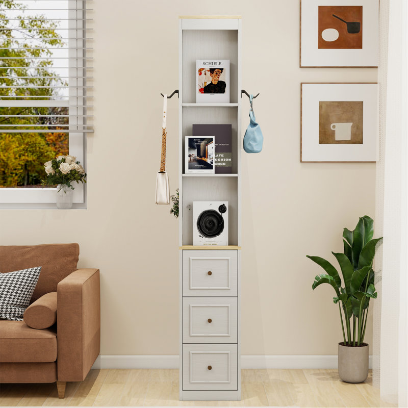 Armoire de rangement mince de 73 po de hauteur, armoire de rangement multimédia à 3 niveaux avec 3 tiroirs et 2 crochets, étagères de rangement pour bibliothèque, CD, DVD, armoire de rangement console de jeu - blanc antique
