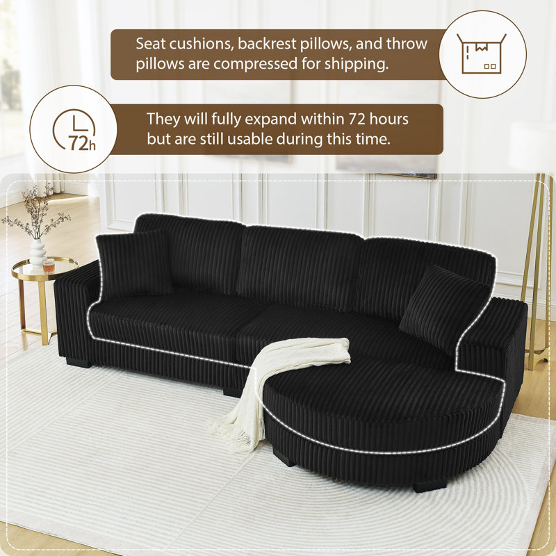 Corduroy Upholstered Sofa with Removable Curved Ottoman, Black