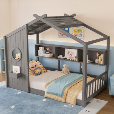 Lit sur pied pour enfant, lit Montessori pour enfants avec tablette de rangement, lit de jeu avec toit