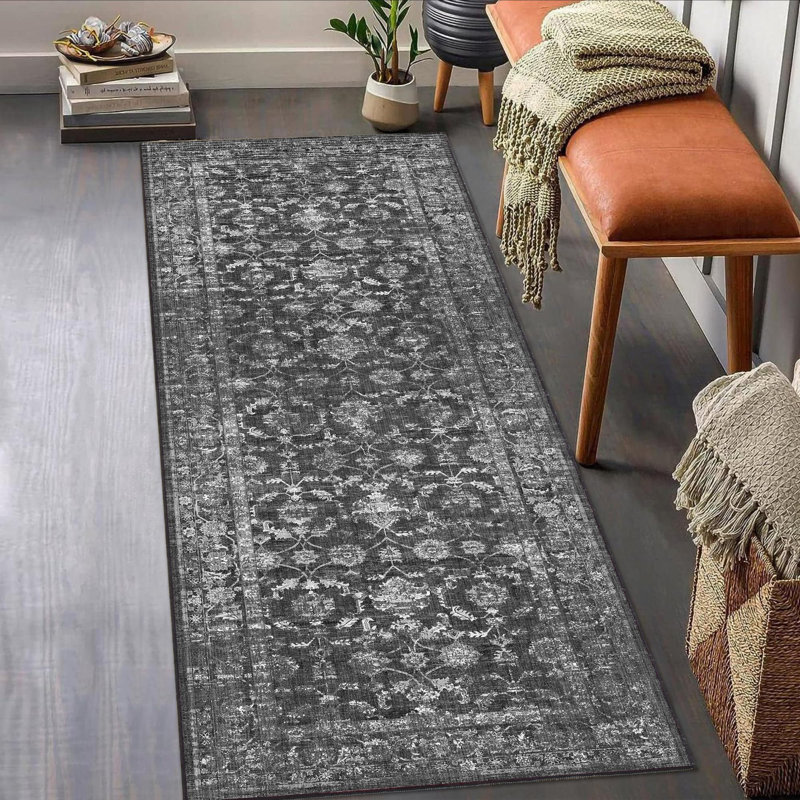 Vintage Boho Area Rug - Washable Non Slip Low Pile Rug, Runner 2'6" x 8', Black