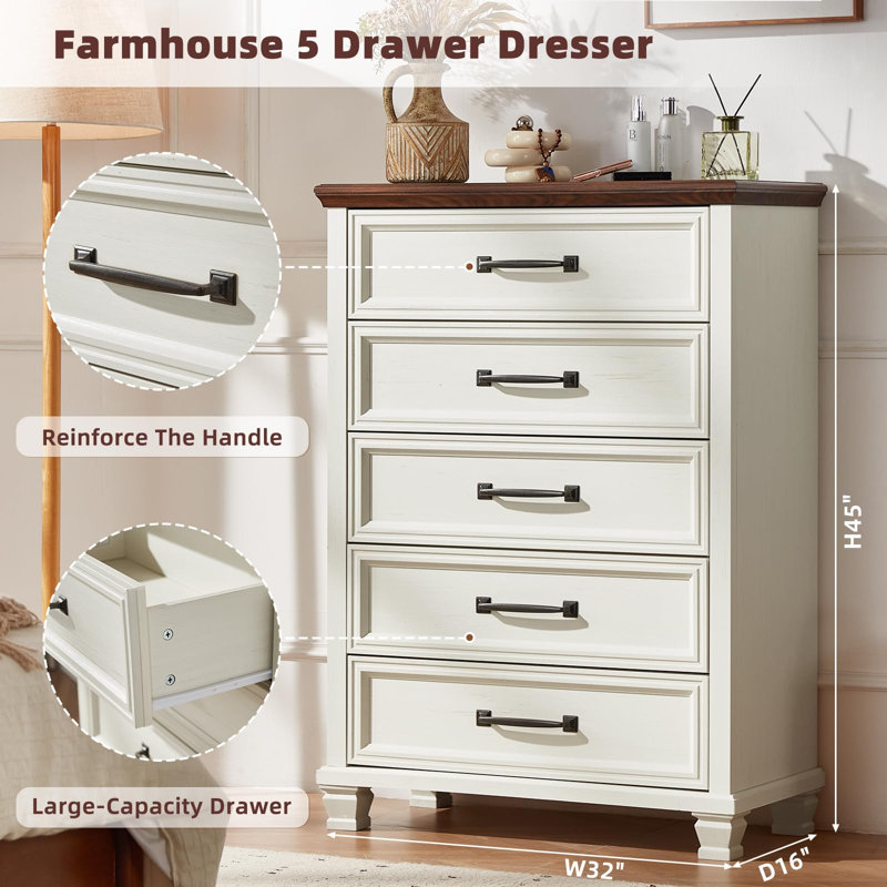 Commode Farmhouse pour chambre à coucher, commode haute 45 po pour garde-robe, commodes en bois rustique pour chambre à coucher, couloir, entrée (blanc)