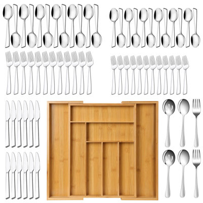 67PCS Stainless Steel Square Cutlery Set with Serving Utensils and Bamboo Organizer
