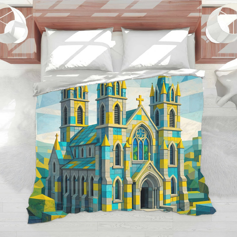 Gothic Architecture Cotton Blend Geometric Comforter, Simple extra long, Bright Cyan and Lemon Yellow