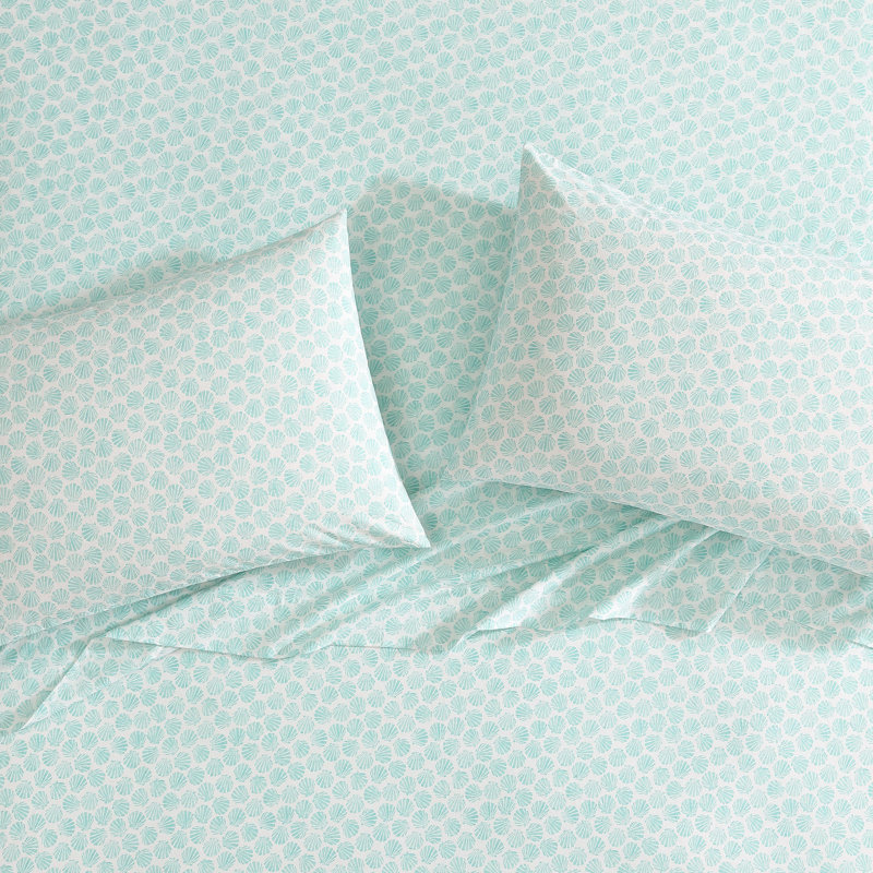 Percale Novelty 200 Thread Count Printed Cotton Sheet Set, King Sheet Set with 2 King Pillowcases,  Blue Margate Shells
