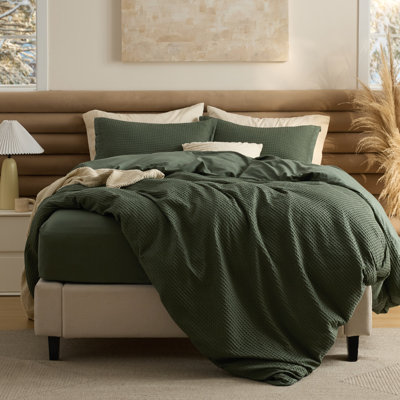 Bedsure 100% Cotton Duvet Cover King Size with Fitted Sheet - Waffle Weave Bedding Set （Set of 4）