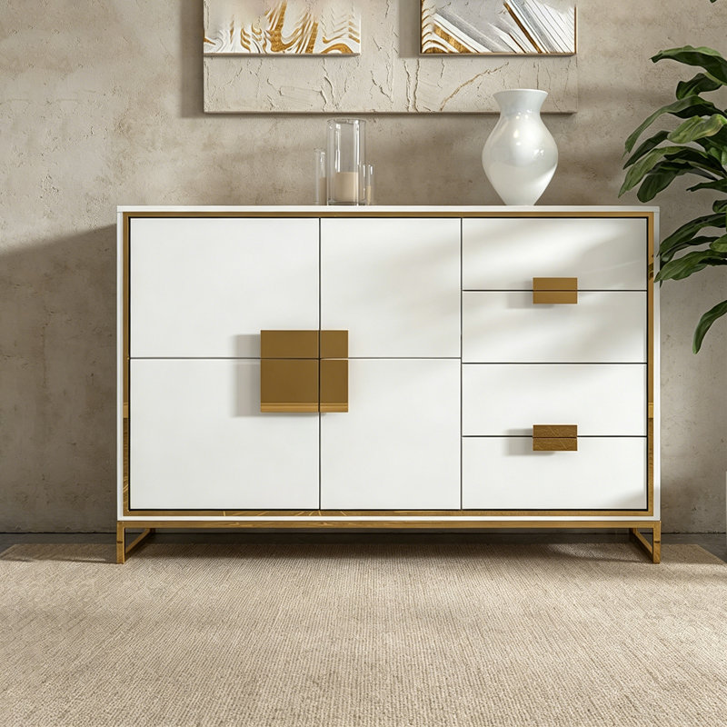 Buffet en verre trempé de style moderne, Gold/White/White