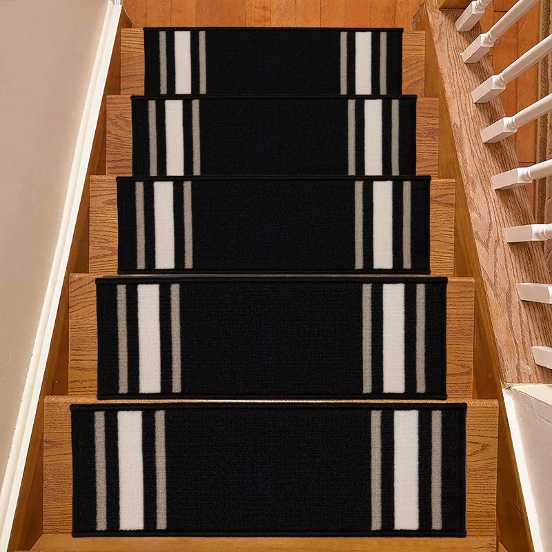 Tapis d'escalier à bordure sur mesure à rayures sur mesure, Rectangle 2 pi 2 po x 10 po, Noir