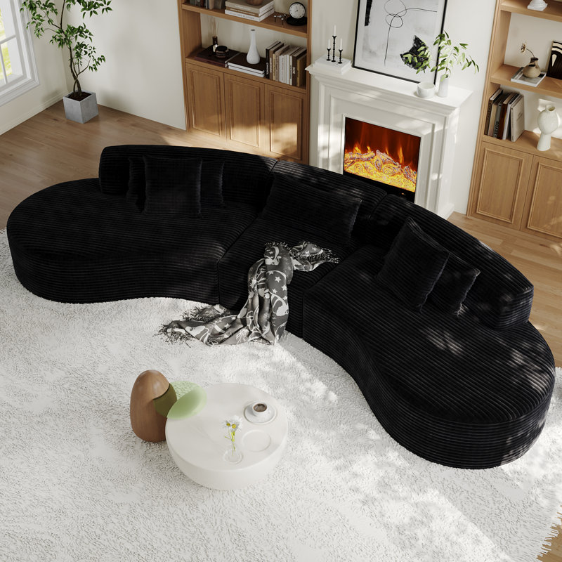 Canapé modulaire courbé 3 pièces de l 122 po avec sièges profonds et canapé en velours côtelé, Velours côtelé noir