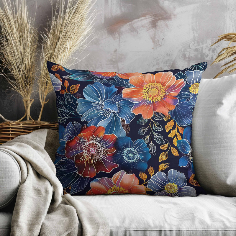 Coussin Painted Petalscape, Carré 16 po, Bleu / Noir / Orange