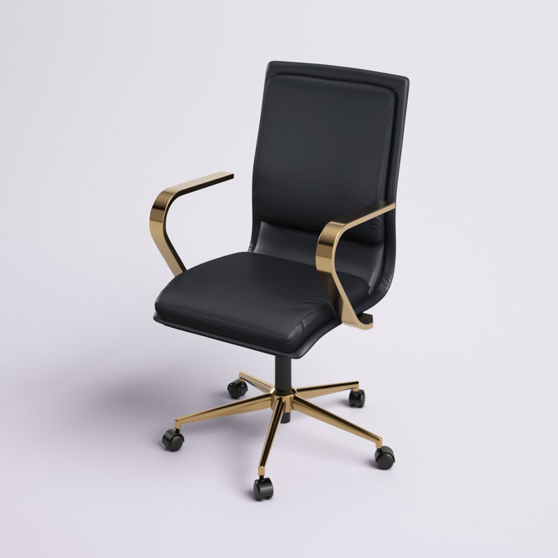 Mid-Back Executive Swivel Office Chair in Brushed Gold and Black Leather