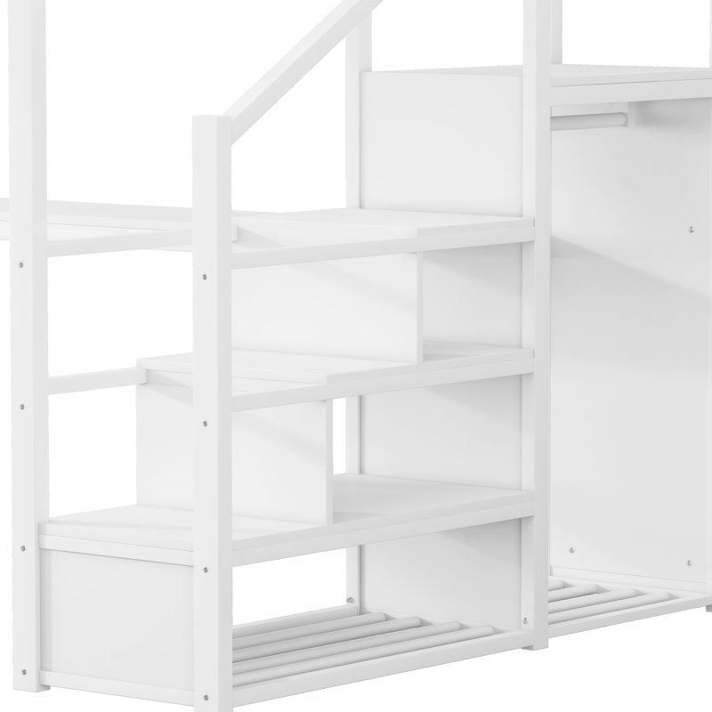 Grand lit mezzanine en métal avec escalier, garde-robe, bureau, station de charge, lumières intelligentes et tablette supérieure, blanc, durabilité à long terme