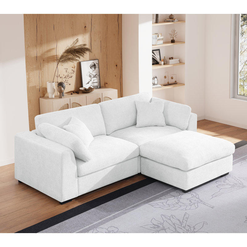 Upholstered Deep Seat Sofa with Ottoman, White Polyester