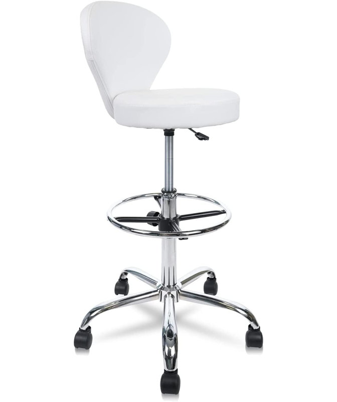 Backed Adjustable Height Ergonomic Lab Stool with Footring Wheels, White