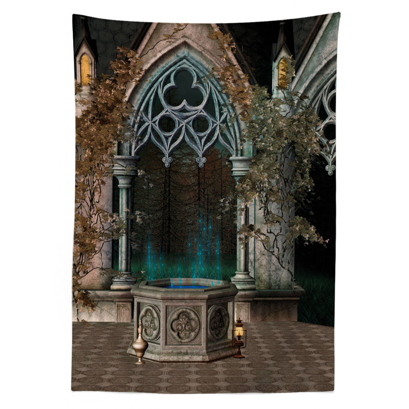Gothic Tablecloth, Mystical Patio With Enchanted Wishing Well Ivy On Antique Gateway To Forest, Rectangular Table Cover For Dining Room Kitchen Decor, 52" X 70", Grey Teal
