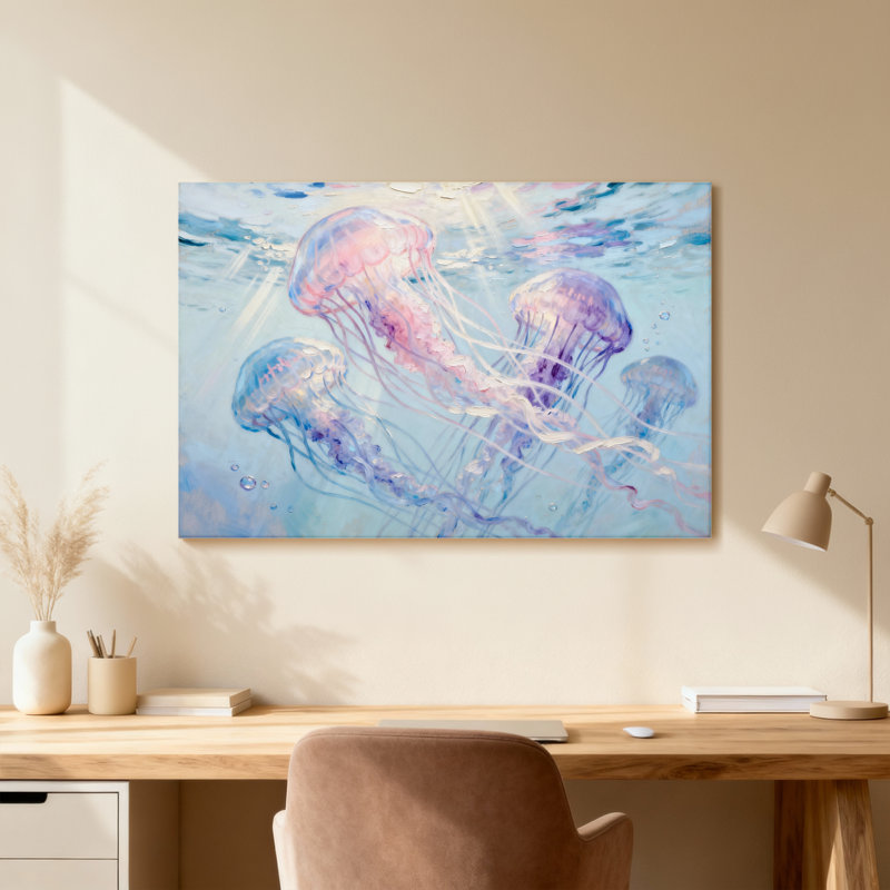 Animal Jellyfish Floating In Ocean Light, Framed Print without Mat, Black, 16" H x 24" W