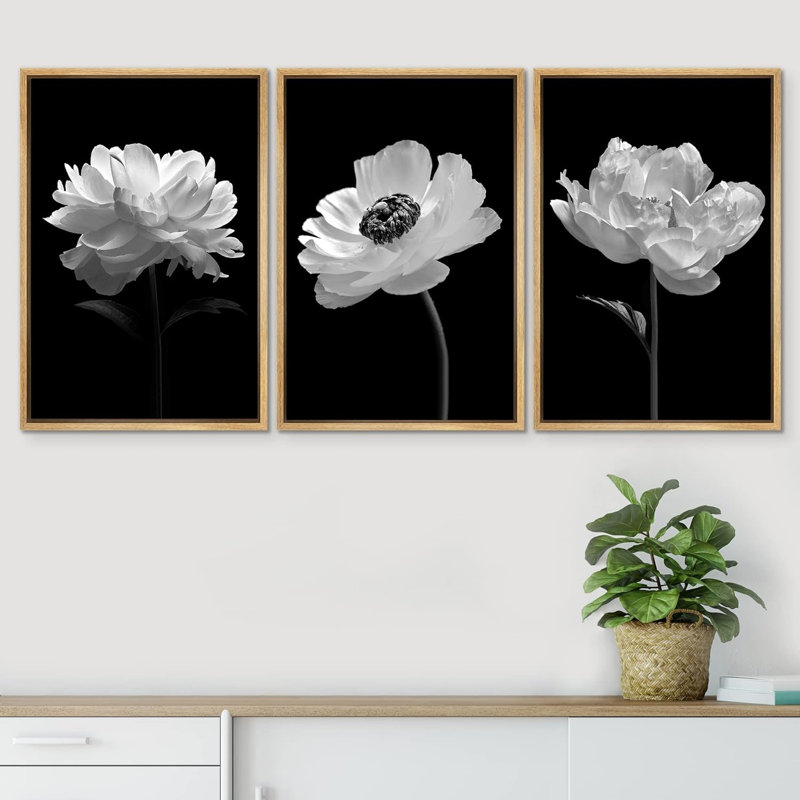 "Flower Blossom" noir et blanc coquelicot et œillet, nature morte, impression sur toile, 3 pièces, Blanc
