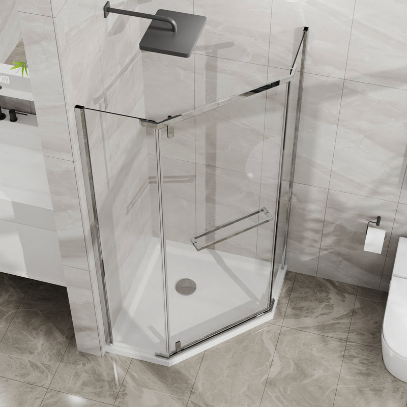 Goodyo Neo-Angle Frameless Shower Door 36 In. D X 36 In. W X 72 In. H Corner Shower Enclosure With Clear SGCC Tempered Glass Pivot Shower Door In Chrome Finish