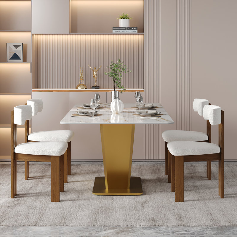 71" Modern Rectangular White Dining Table For 8,  Stainless Steel V-Shaped Legs, Glossy Faux Marble Table for Diningroom