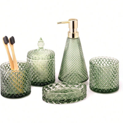 Ensemble complet d'accessoires de salle de bain en verre diamant 5 pièces, distributeur de lotion rétro en forme de triangle, porte-savon, porte-brosse à dents, gobelet, pots en coton-tige, décor moderne, ensemble de cadeau de pendaison de crémaillè