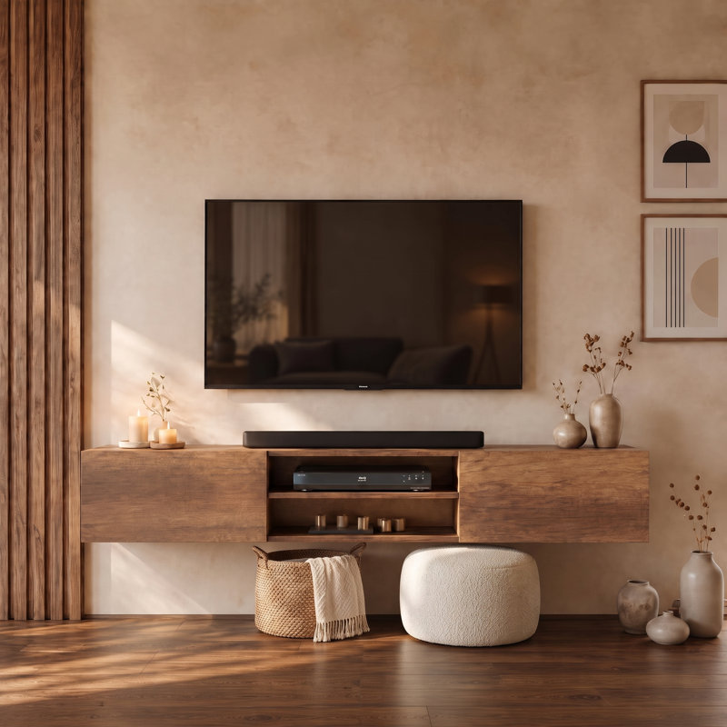 Meuble télé mural suspendu moderne Desmone 71 po pour téléviseurs jusqu'à 80 po, console multimédia avec rangement, brun noyer